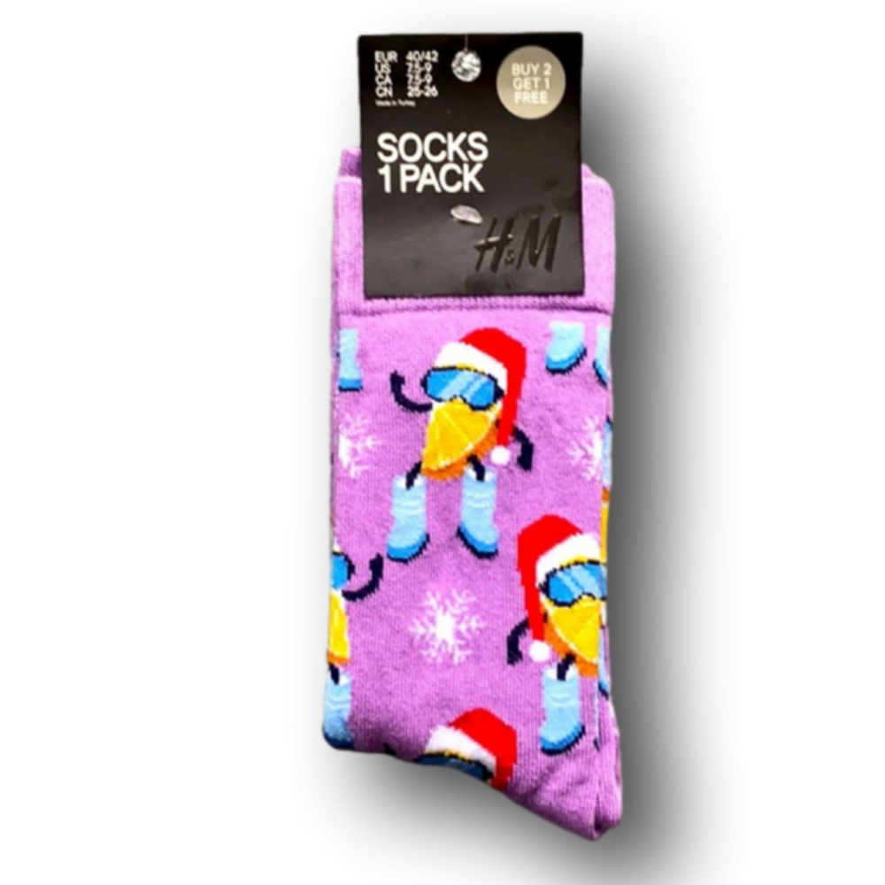 3/$18 Lemon Santa Purple Christmas Holiday Funny Socks - Brand New